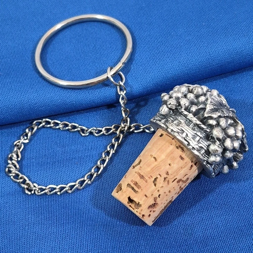 Vintage Made in Sommelier Pewter Wine Cork Stopper with Chain Ring Grape Cluster